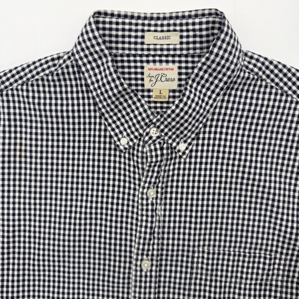 J.Crew Shirt Men L Navy Blue Gingham Check Organic Cotton Classic Short Sleeve
